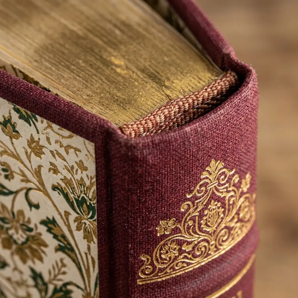 Detalle de acabados profesionales de empastado de libros en Puebla: cabezadas, guardas y grabado en foil