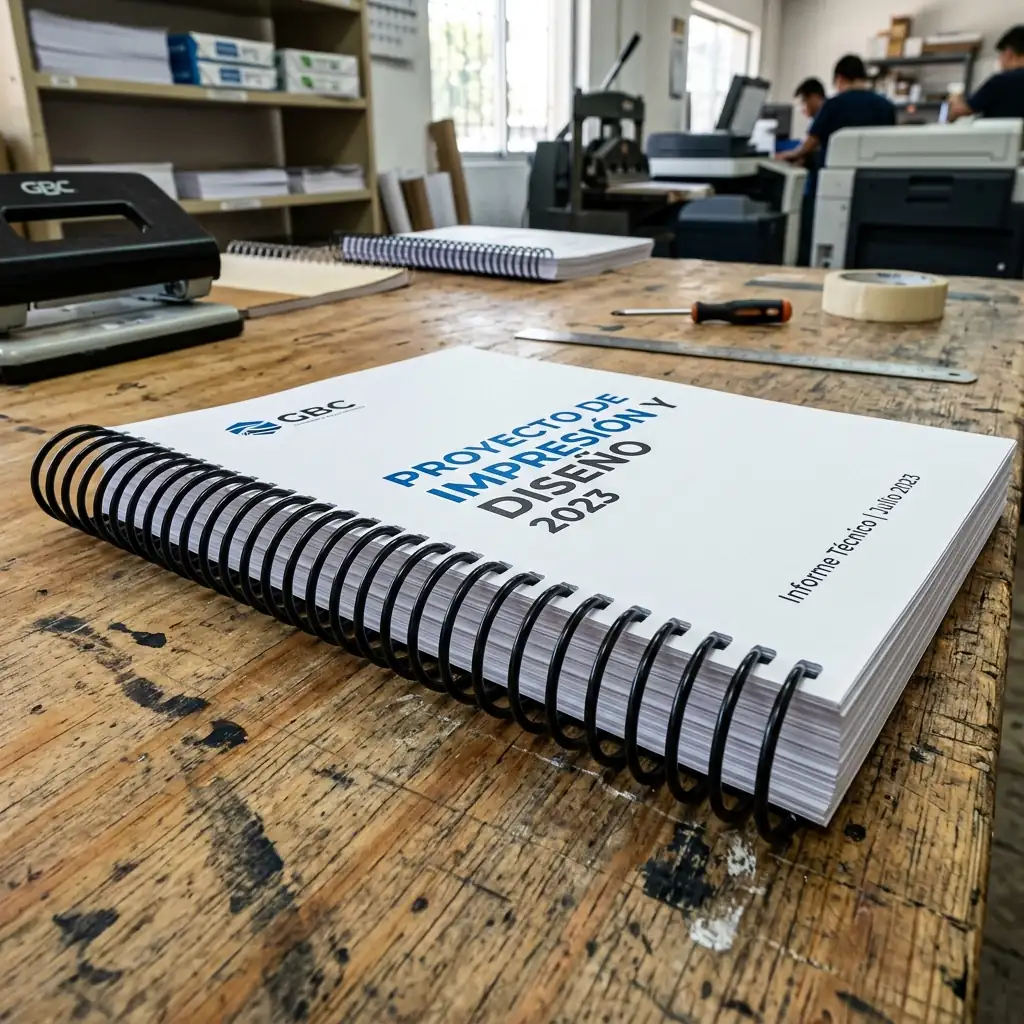 Encuadernación en espiral de plástico en Puebla - detalle de espiral continua atravesando perforaciones en documento tamaño carta